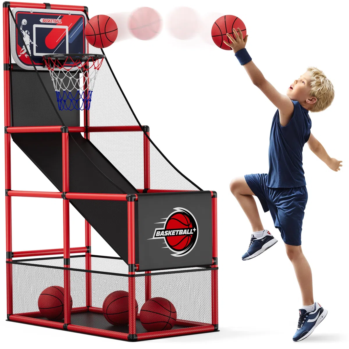 HYES Basketball Arcade Gioco per Bambini, Canestro Basket da Camera con 4 Palle e Pompa, Gioco di Pallacanestro Singolo Tiro, Giochi di Carnevale Giocattoli Regali per Ragazzi Ragazze Teens Età 3-12