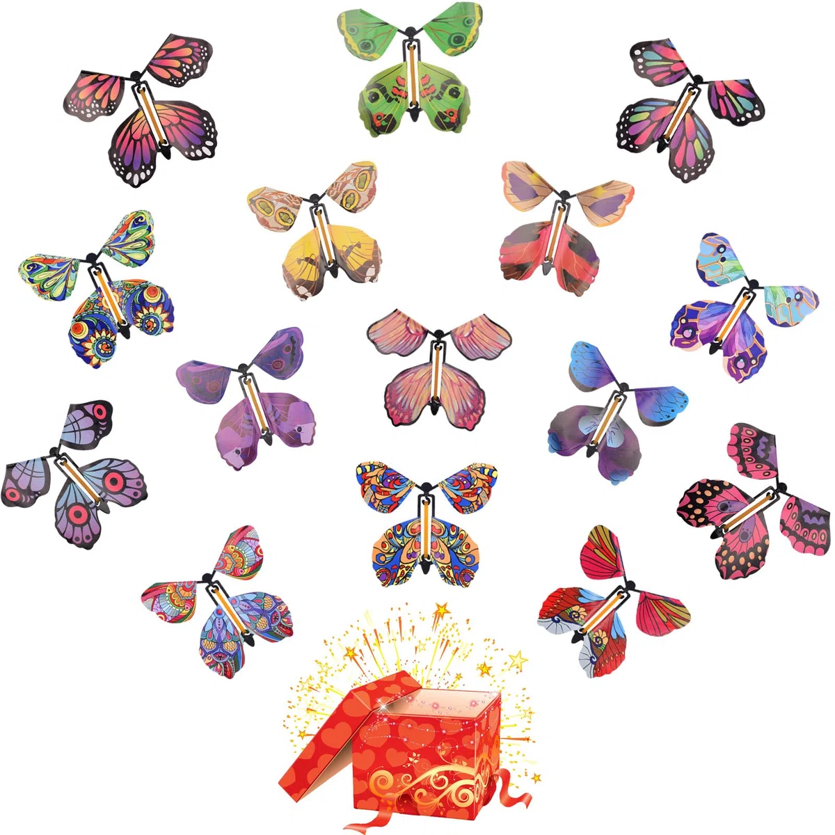 15 farfalle volanti magiche, biglietti a farfalla meccanica, con elastico alimentato a farfalla, giocattolo magico per spettacoli di scena, regali di compleanno, regali a sorpresa per bambini