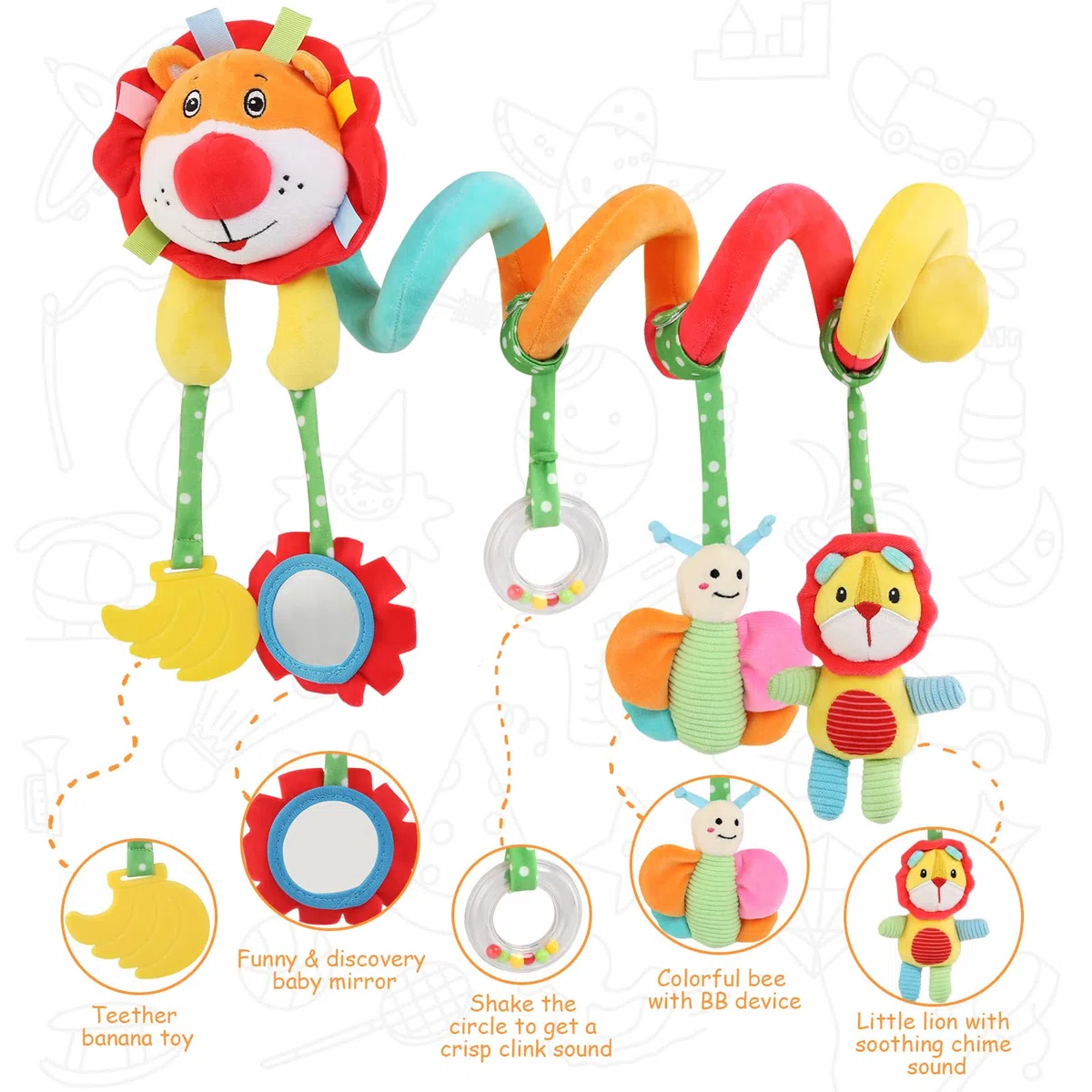 Giochi Neonato 0-3-6-12 Mesi, Gioco Passeggino Neonato, Spirale Passeggino, attività Giocattolo a Sonaglio Appeso, Carrozzina Peluche Giocattoli Regalo per Neonato Bambini - Leone
