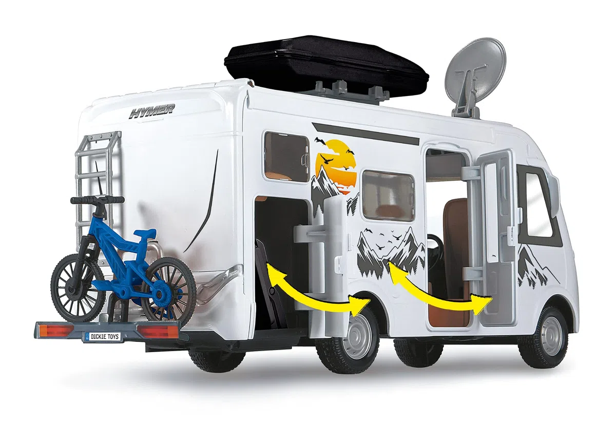 Dickie Toys - Playlife Camper Set, Hymer B-Class Motorhome, con pannello, porta laterale, gavone e tetto apribili, Incluso personaggio, E-Bike, BBQ con luci, paddling, tavolo con sedia