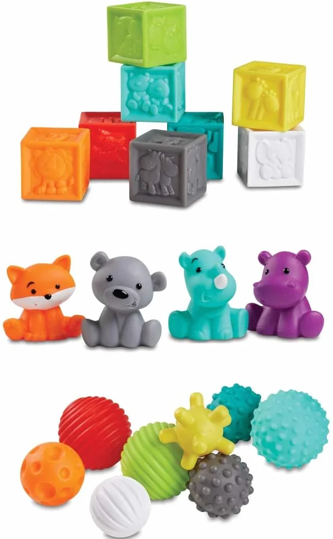 Infantino - Palline Sensoriali Blocchi e Compagni - 20 Pezzi - Esplorazione Sensoriale - Sviluppo Motorio - Giocattolo per Bambino per Scoprire i Colori, il Conteggio e i Numeri - Regalo Neonato 0 M +