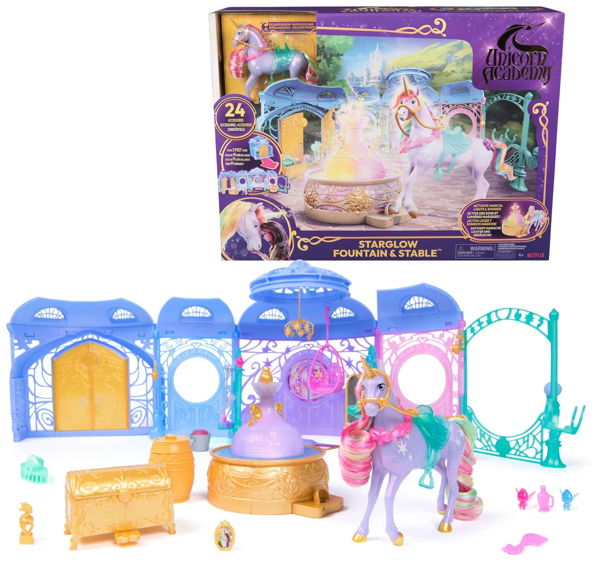 Unicorn Academy, Starglow Fountain & Stable Playset con Wildstar, luci e suoni, 24 accessori, bambole e unicorni giocattolo per bambine dai 4 anni in su