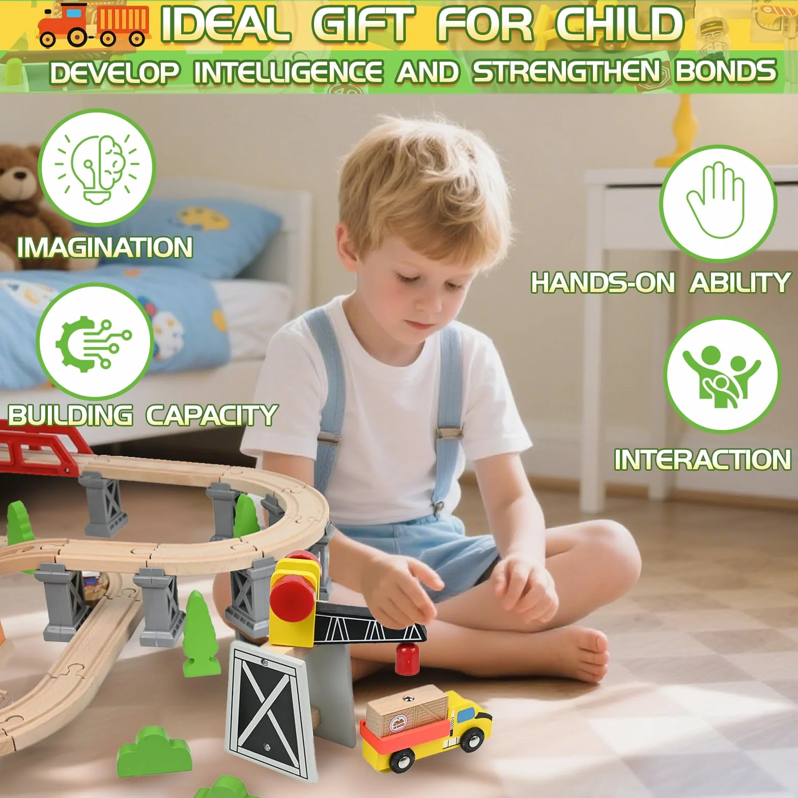 HERMORRYSS Treni in Legno per Bambini, Set di 100 pezzi Treni e Giocattoli in Legno, Ferrovia Ingegneristica con Gru Magnetica, Treno Elettrico, Figure Umane, Luci di traffico, Regalo per Bambini 3+