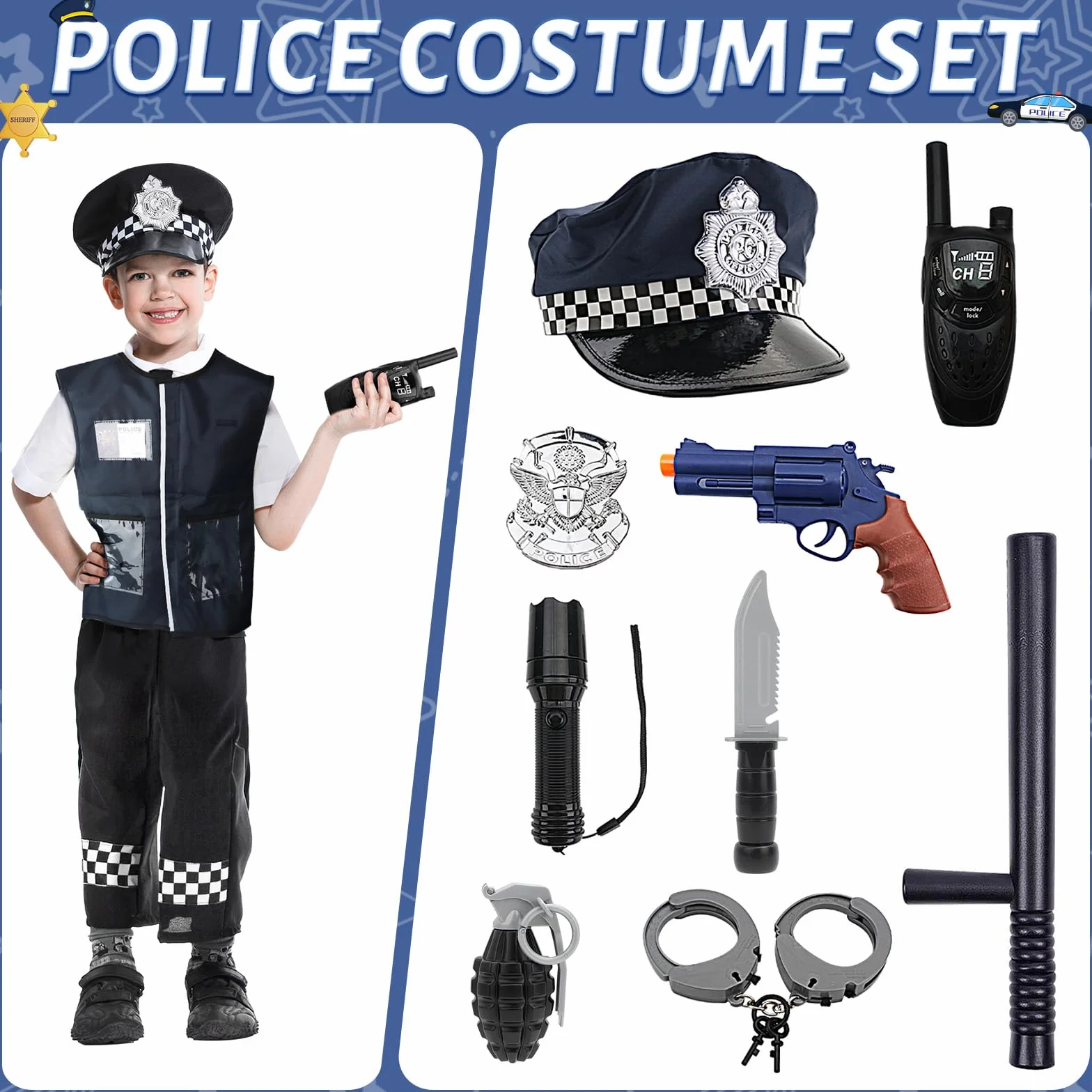 deAO Costume Poliziotto Bambini, Polizia Costume di Giochi di Ruolo con Cappello Uniforme Manette Walkie-Talkie Distintivo, e Altri Accessori, Polizia Giocattolo per Bambini Halloween Carnevale