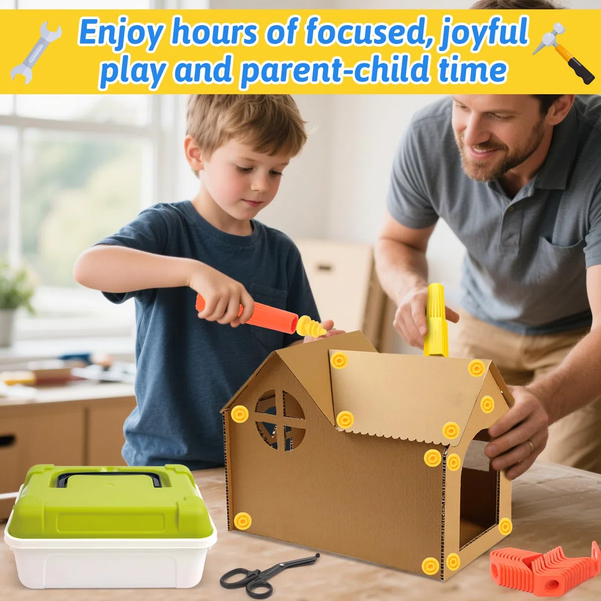 Wdmiya Kit di Attrezzi da Costruzione in Cartone per Bambini, Set di Attrezzi Riutilizzabili con Taglierina 148 Pezzi, Rullo e Forbici, Giocattoli Educativi per Bambini e Bambine