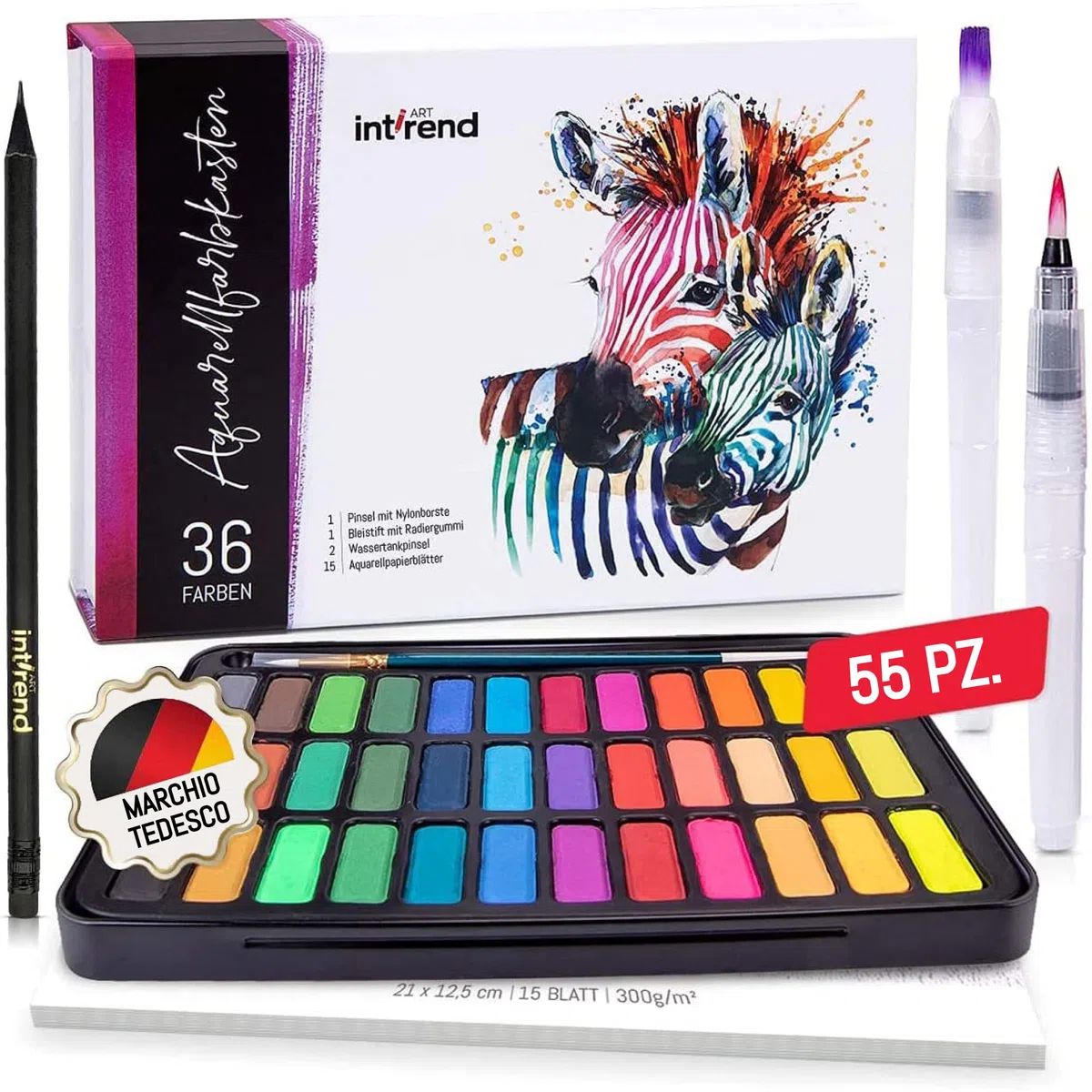 int!rend Set di Acquerelli Professionali di 55-36 Colori, 15 Fogli Acquerello, 2 Penne ad Acqua, 1 Pennello ed Una Matita - Kit Disegno ad Acquerello Professionale