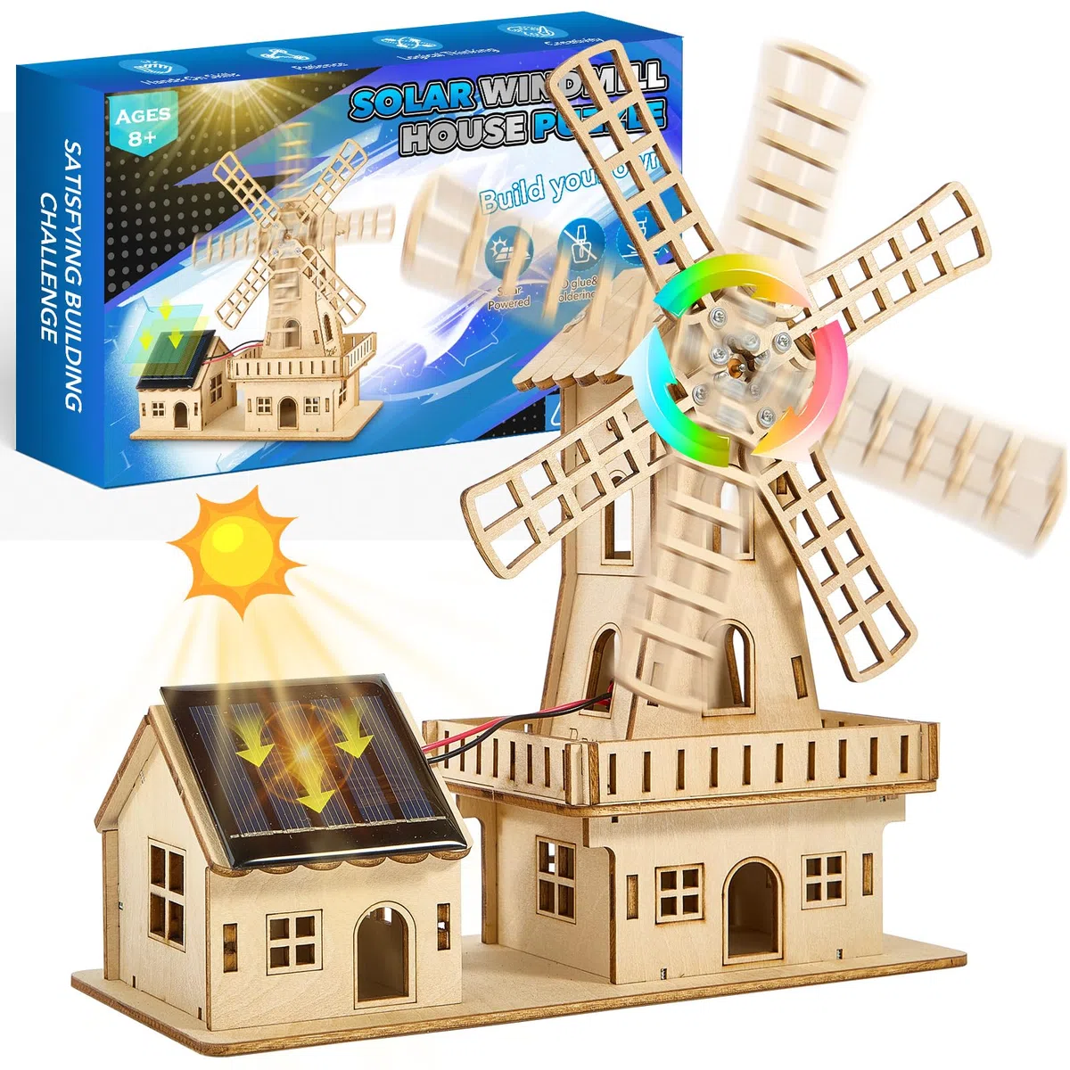 Puzzle 3D a energia solare, kit di costruzione casa smerigliatrice fai da te | giocattolo modellino legno per bambini 8-15 anni e adulti, legno di tiglio, sicuro e solido