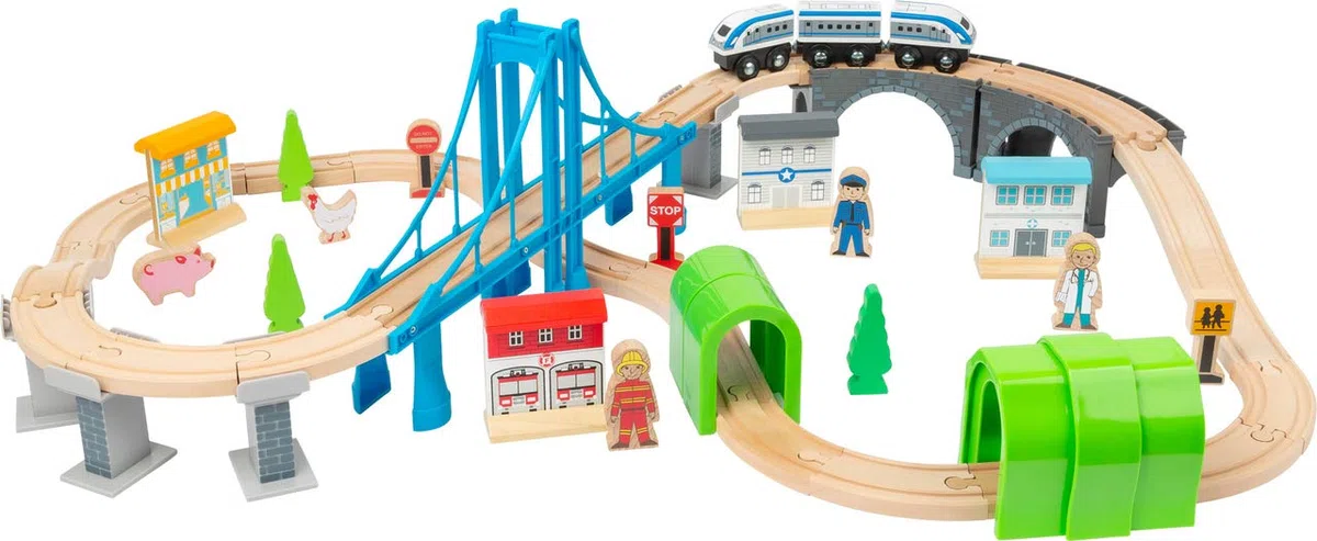 Small Foot 11492 Ferrovia in Legno Costruzione di Un Ponte, Legno, con Ponte sospeso e gallerie, Mondo di Gioco su Due Livelli