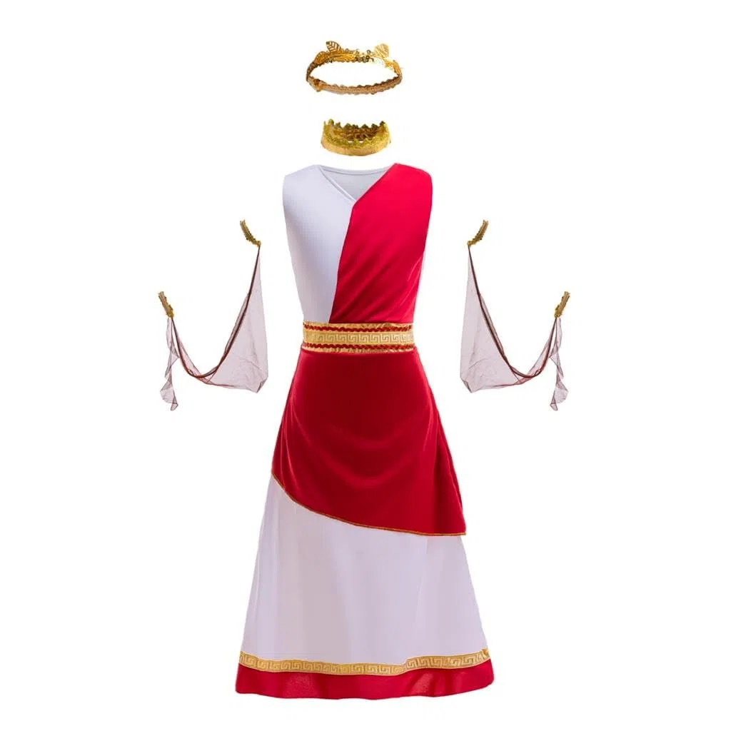 Lito Angels Vestito Costume Antica Dea Romana Greca Mitologia Principessa con Corona Alloro Dorata per Bambina, Bianco Rosso