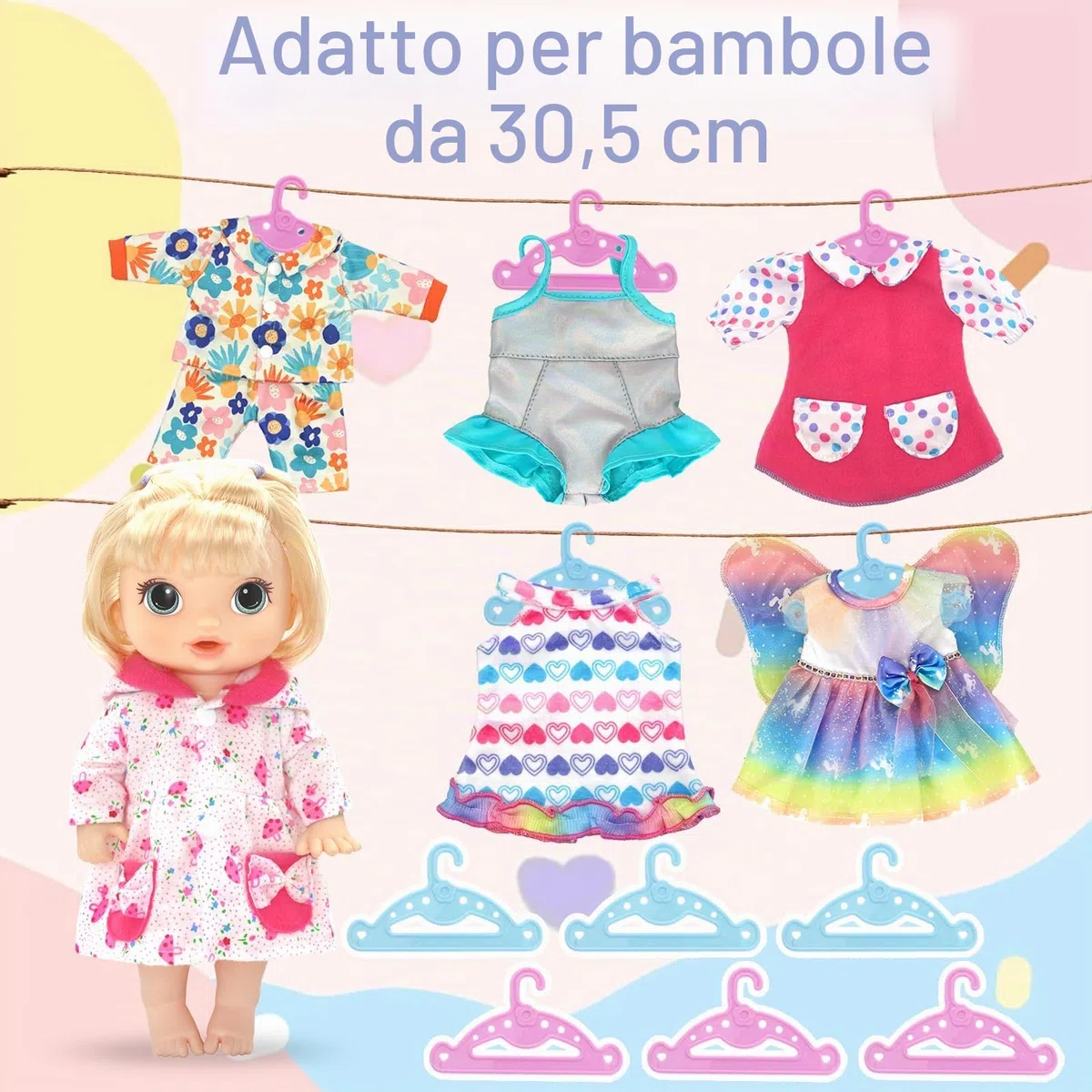 Xerteam Set di 6 Vestiti per Bambole, Vestiti per Bambole da 12-14 Pollici Vestiti per Bambole Neonato con Grucce, 30-45cm Vestiti per Bambole Sweet Bibi - Vestito Rosa Pigiama Costume da Bagno