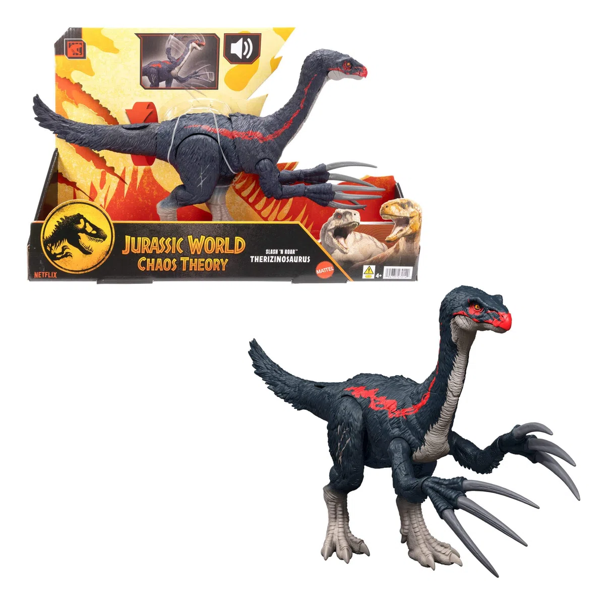 Mattel Jurassic World - Terizinosauro Attacca e Ruggisci, dinosauro con azione d'attacco, ruggito ed effetti sonori, ispirato alla serie Teoria del Caos, giocattolo per bambini, 4+ anni, JCG17