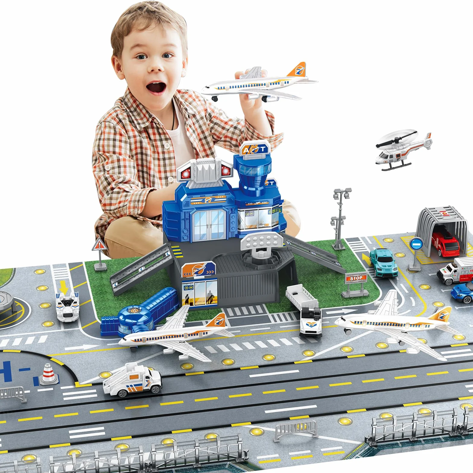 deAO Il Set Giocattolo il Terminal, la Torre Radar e 9 Veicoli: Carrelli per Bagagli, Auto Polizia, Aereo Passeggeri, Barriera Stradale e Personale a Terra. Perfetto per Bambini dai 3 ai 12 Anni