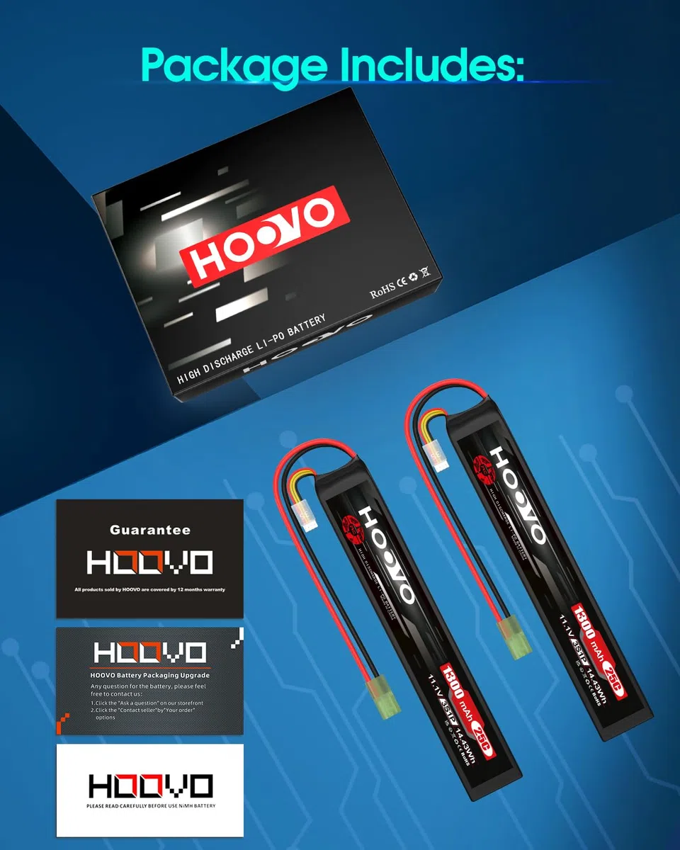 Batteria ricaricabile 3S 11,1V 1300mAh 25C Airsoft Lipo con spina Mini Tami ya HOOVO per AEG con spazio relativamente piccolo (2 pezzi)