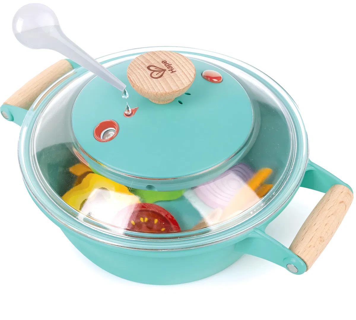 Hape - Set cucina al vapore per piccoli chef | Pentola giocattolo interattiva con contagocce e cibo giocattolo per bambini dai 3 anni su