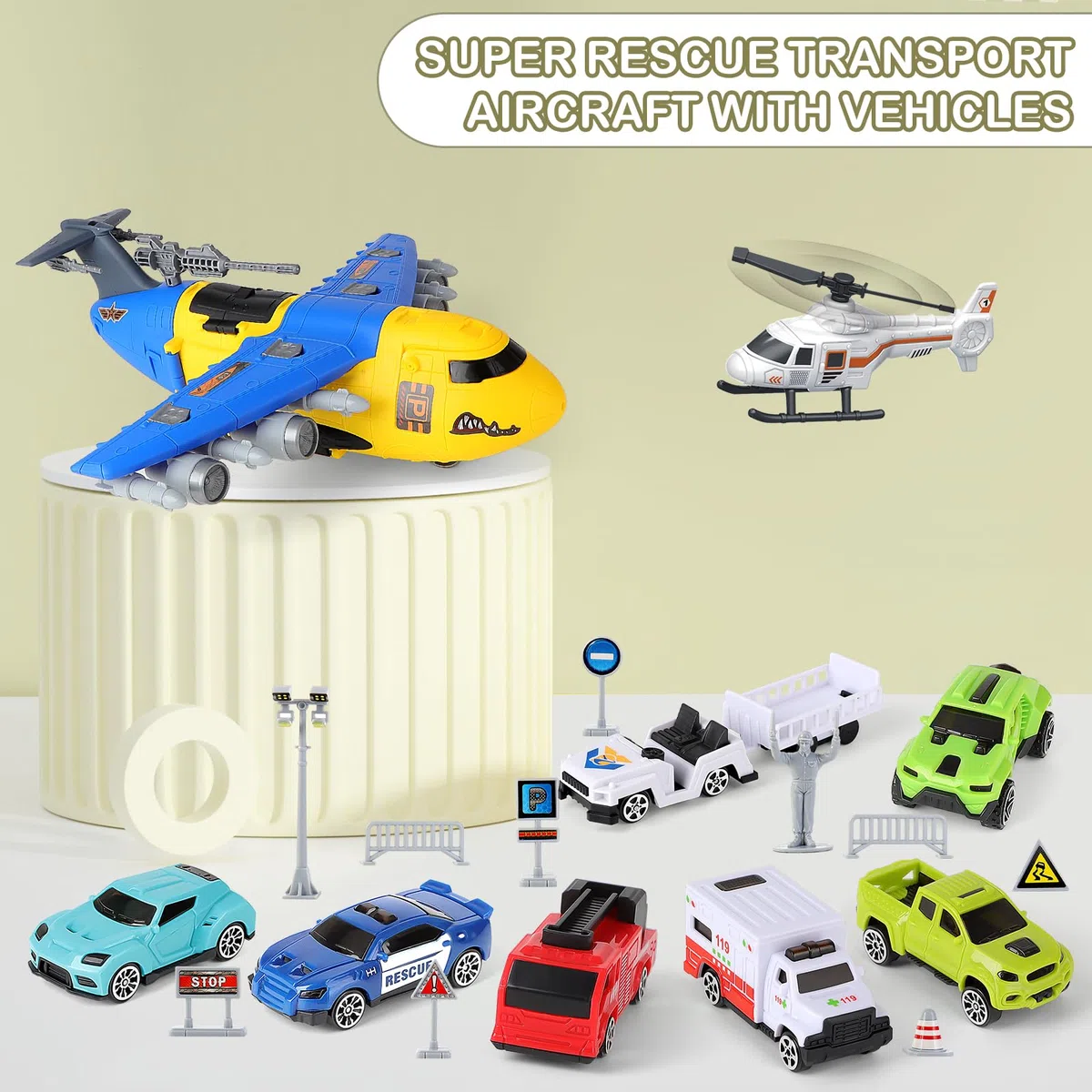 deAO Trasporto Aereo e Set di Giocattoli per Auto, Trasporto Aereo Auto Giocattolo Aerei Giocattolo per Bambini, Aereo da Trasporto con 1 Elicotteri 8 Mini Auto 10 Segnali Stradali Regalo per Bambin