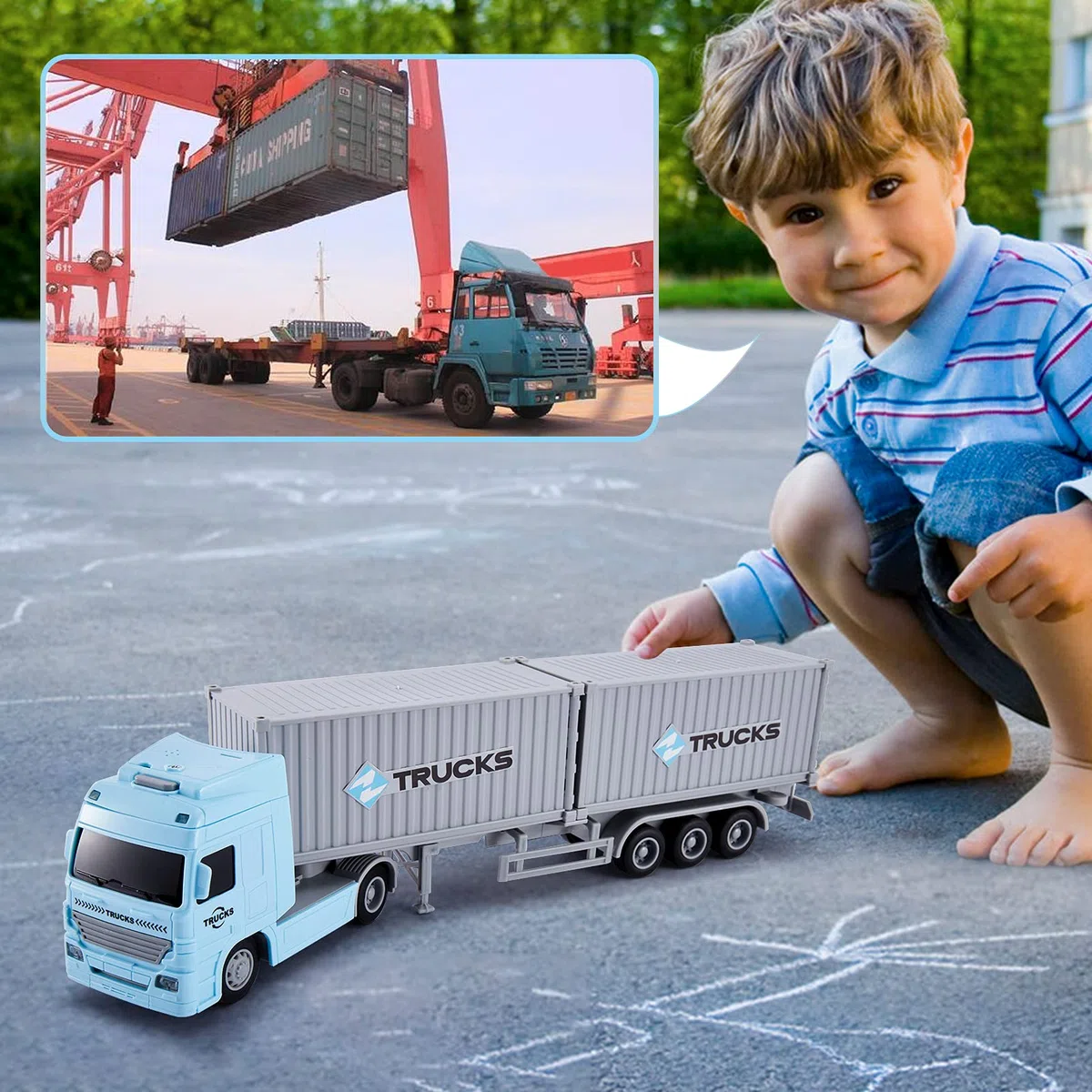 HERSITY Autoarticolato Giocattolo Container Truck con Luci e Suoni Macchinine Bambino Regalo per Bambini 3 4 5 Anni