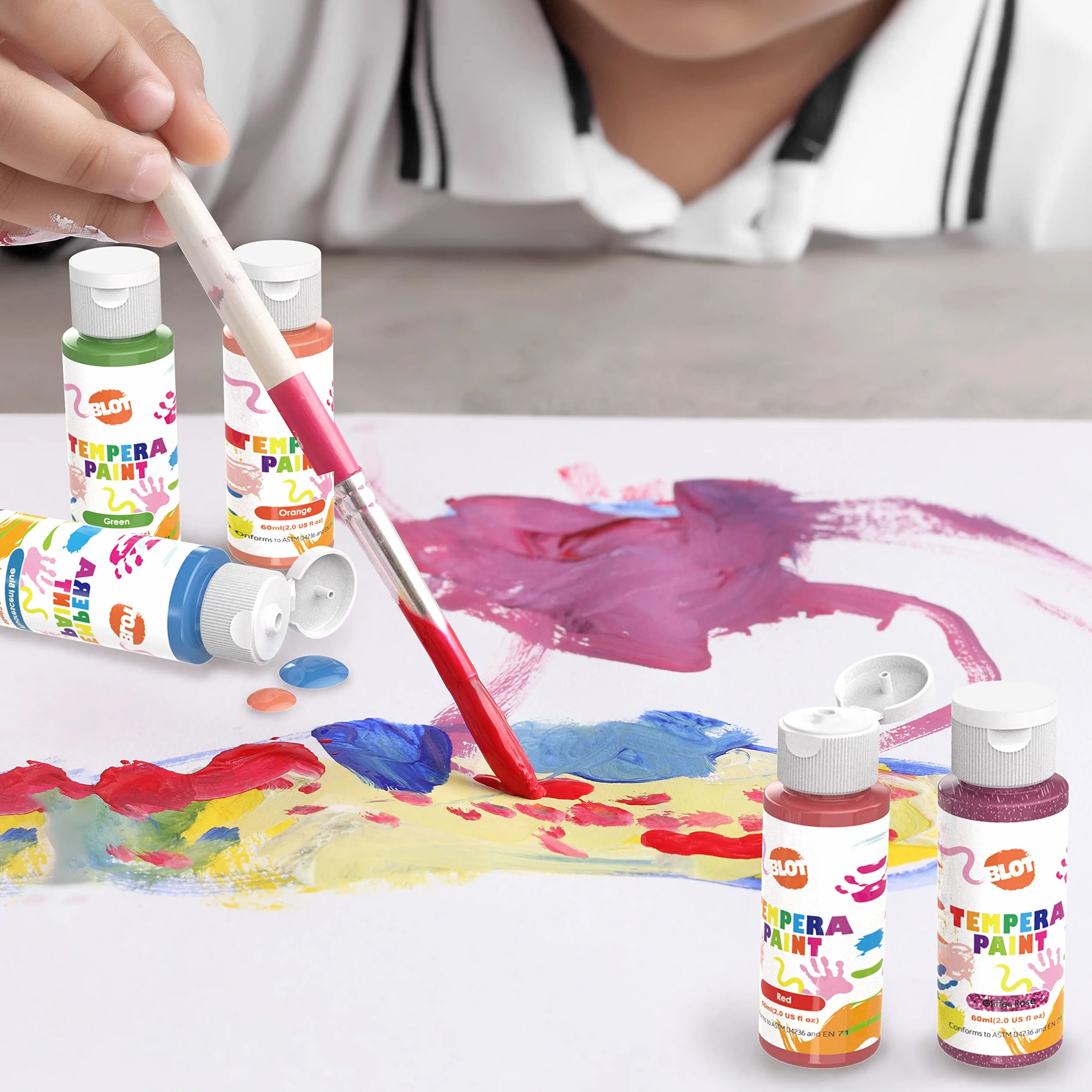BLOT Tempera Pittura Bambini 18 Colori Lavabili Colori a Dita Atossici Tempera Vernice con Fluorescente Glitter Metallico per Dipingere Poster Fai da Te