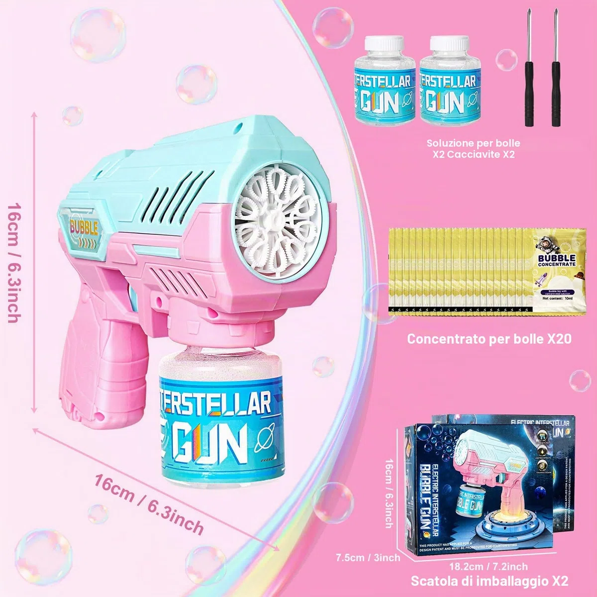 Pistola Bolle di Sapone, Sparabolle di Sapone - Set da 2 Pezzi - 20 Confezioni di Liquido per Bolle, Design a Colori con Giunzioni, con Luce LED, Completamente Automatico