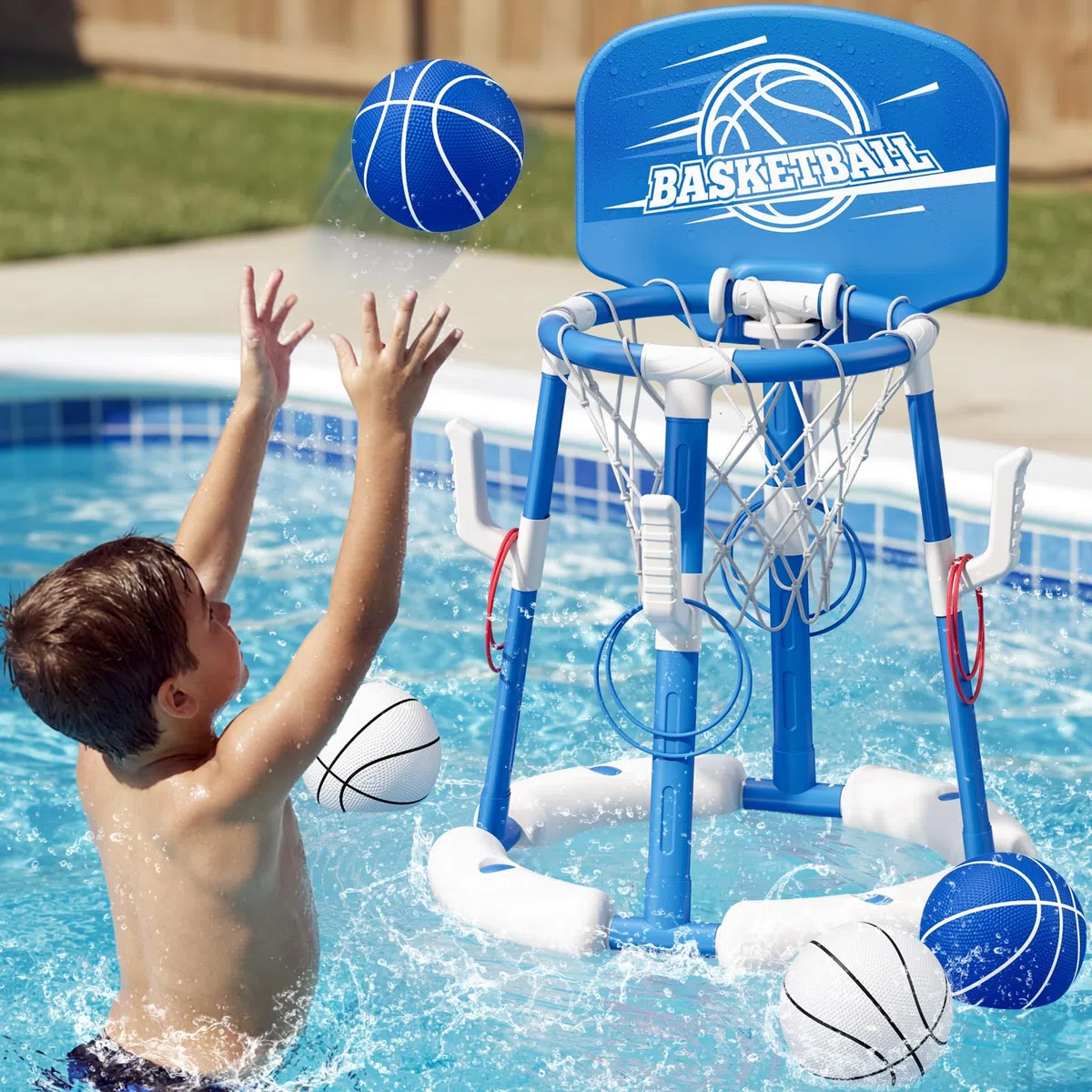 HYES Canestro da Basket per Piscina, Canestro Piscina Galleggiante con 4 Palline e Pompa, 8 Anelli, Set da Canestro Basket Giochi Acqua Piscina per Bambini e Adulti, Blu