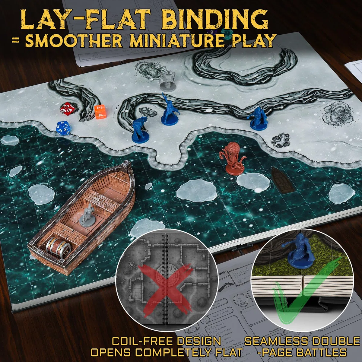 DND Battle Map Book - 32 tappetini riutilizzabili cancellabili a secco/bagnato con oltre 100 decalcomanie paesaggistiche, griglia da 2,5 cm e rilegatura piatta - Kit di giochi di ruolo portatile per