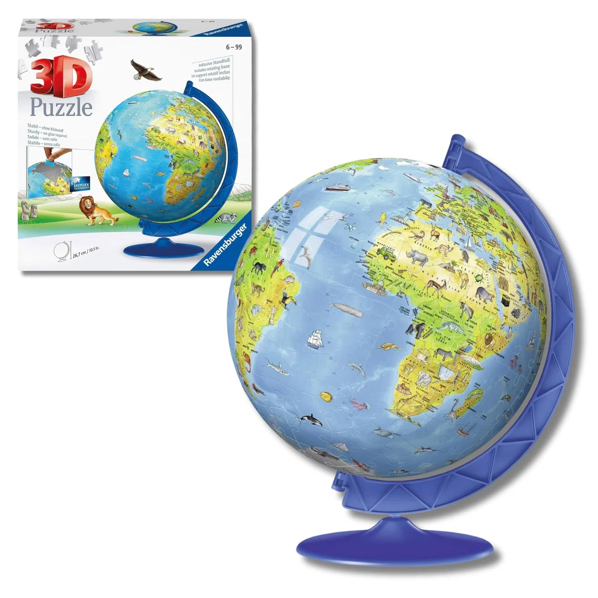 Ravensburger - Puzzle 3D Globo Terrestre Impara La Geografia Con Gli Animali | Puzzle 3d Bambini A Partire Dai 6 Anni | Modellismo Da Costruire Bambini Di 180 Pezzi | Regalo Bambino 6 Anni E Più
