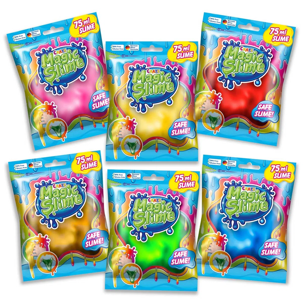 CRAZE Magic Slime 6 Foil Bag 75ml, Borsa di slime per bambini, Slime magico in una borsa - diverse colore, Assortito