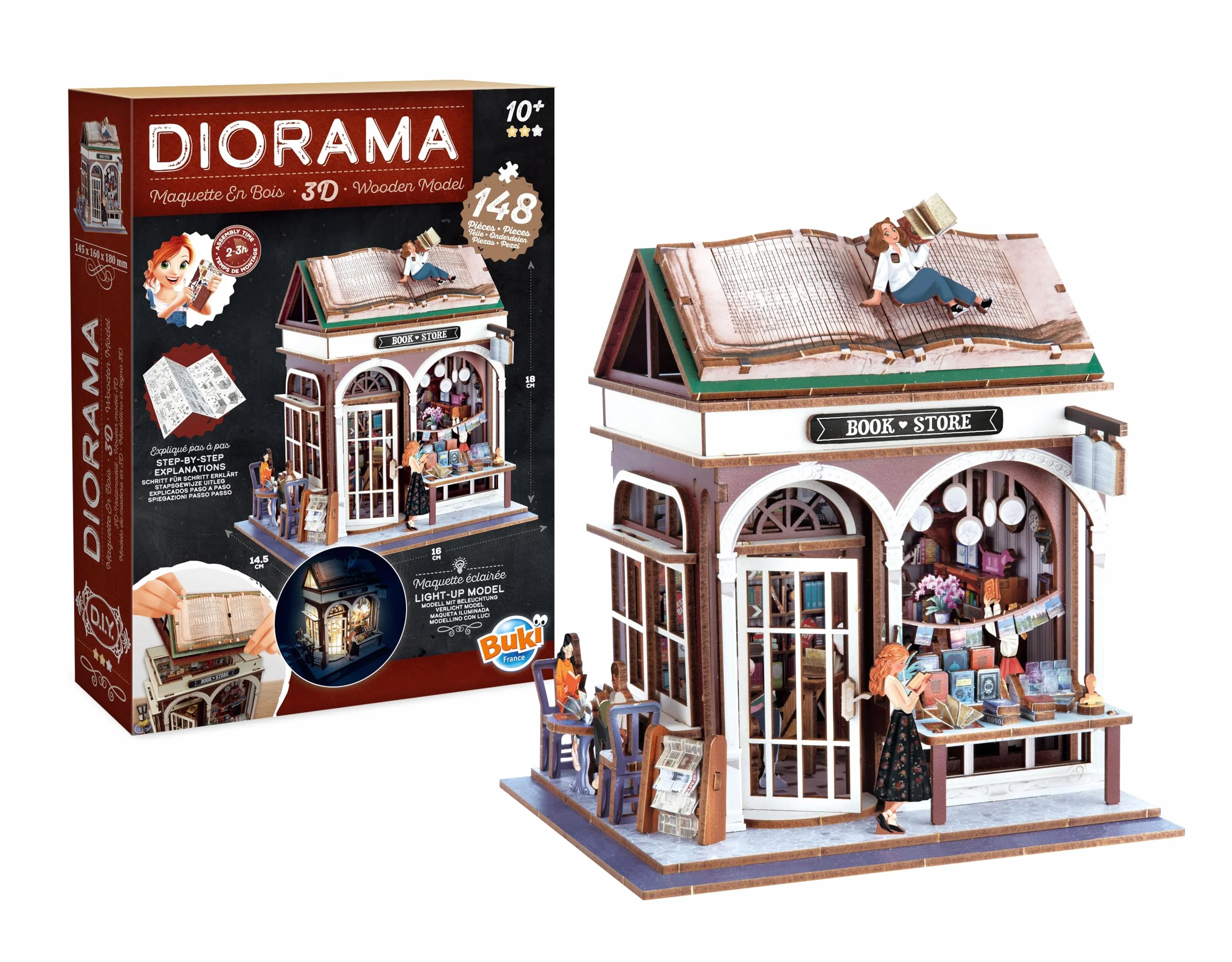 Diorama libreria - Modello di Libreria Miniatura in Legno con LED – Diorama Fai Da Te 148 Pezzi – Kit di Costruzione per Decorazione della Camera – Da 10 Anni – 14,5 x 16 x 18 cm - BUKI Francia