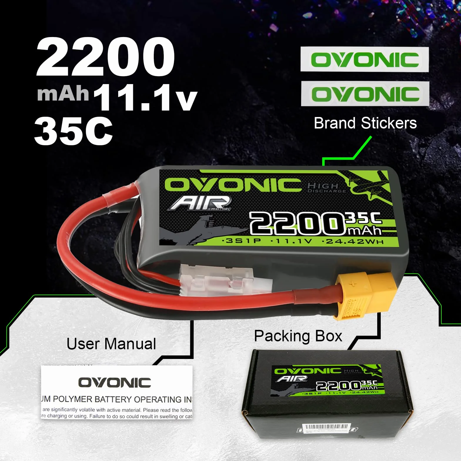 OVONIC Batteria Lipo 3S 35C 2200mAh 11.1V con connettore XT60 per elicottero aereo 1:14 RC Car RC (1PCS)