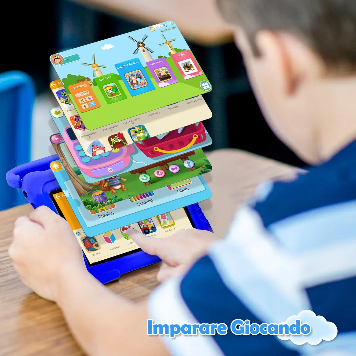 Veidoo Tablet per Bambini, 7 Pollici, Android Tablet PC 2GB RAM / 32GB ROM, Schermo Tattile HD IPS 1024 * 600, Controllo Parentale, WiFi, Type-C, Doppia Fotocamera Tablet Educativo (Blu Scuro)