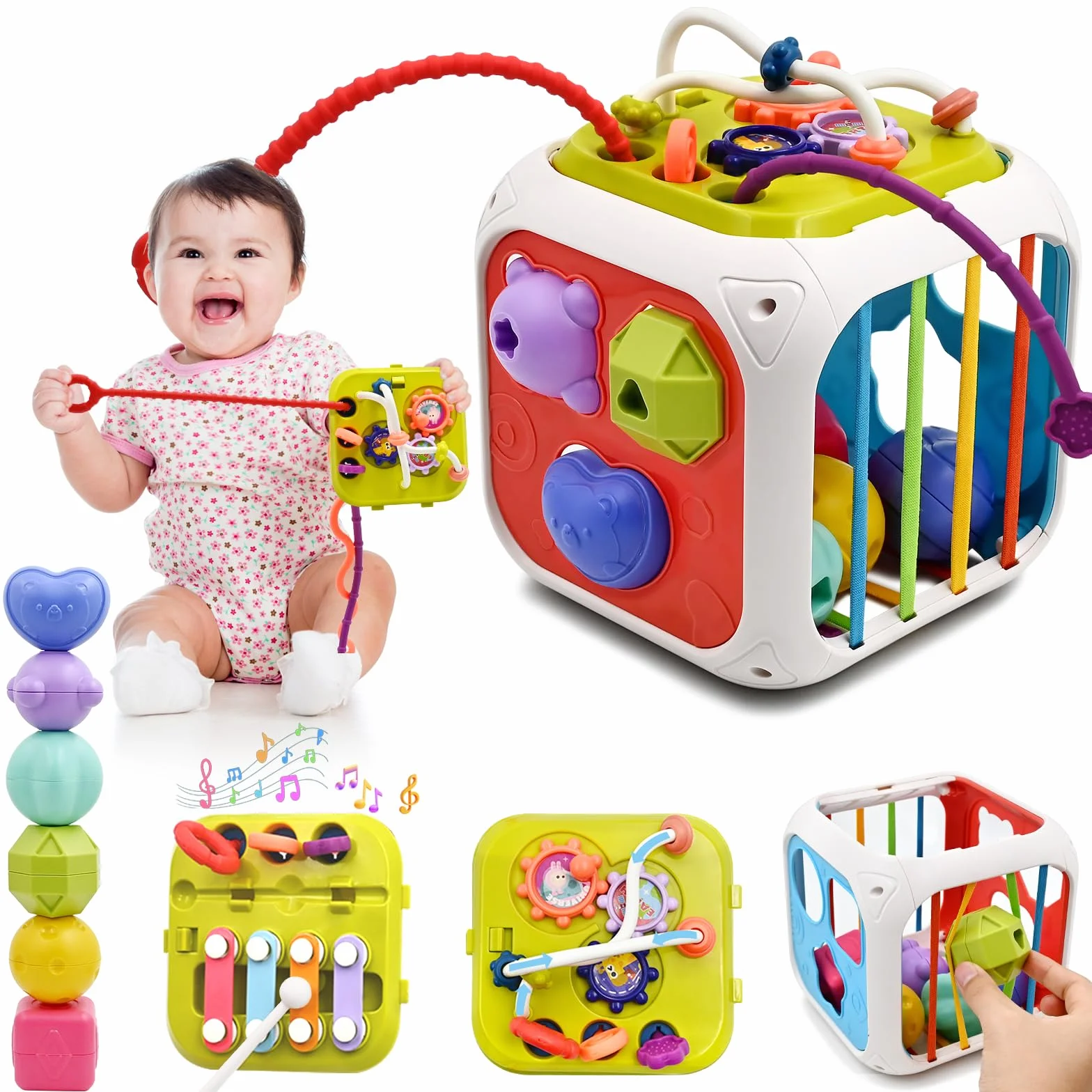 Giochi Bambini 1 2 Anno, 7 in 1 Montessori Sensoriali Giocattoli per Bambino 18 Mesi Educativi Cubo di Attività Selezionatore di Forme, Motor Skill Development Gioco Compleanno Regalo per Bambina