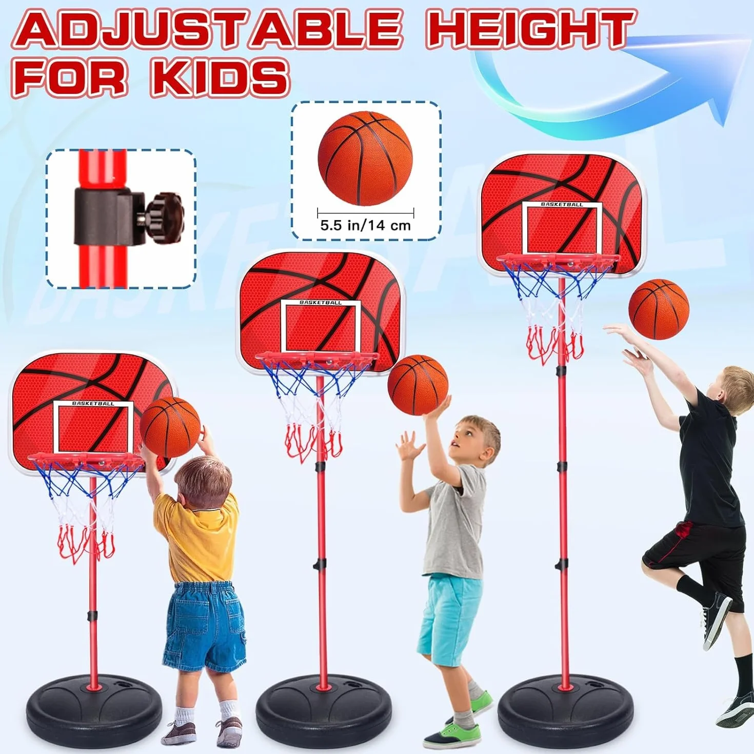 Canestro Basket Bambini, Canestro Basket Esterno con 3 Palloni, 1 Pompa, Regolabile Altezza 50-150cm, per 3 agli 8 Anni Bambini, Indoor e Outdoor