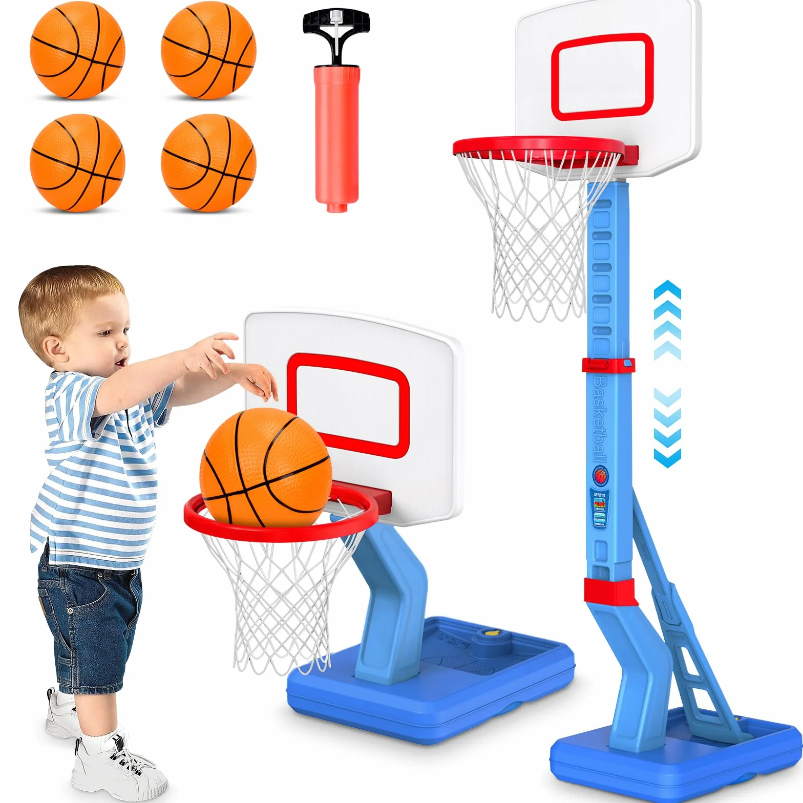Canestro Basket Bambini, Altezza Regolabile 70-138 CM Con Supporto Mini Canestro Basket Da Camera Per Giochi Per Bambini Dai 3 Agli 8 Anni-Blu