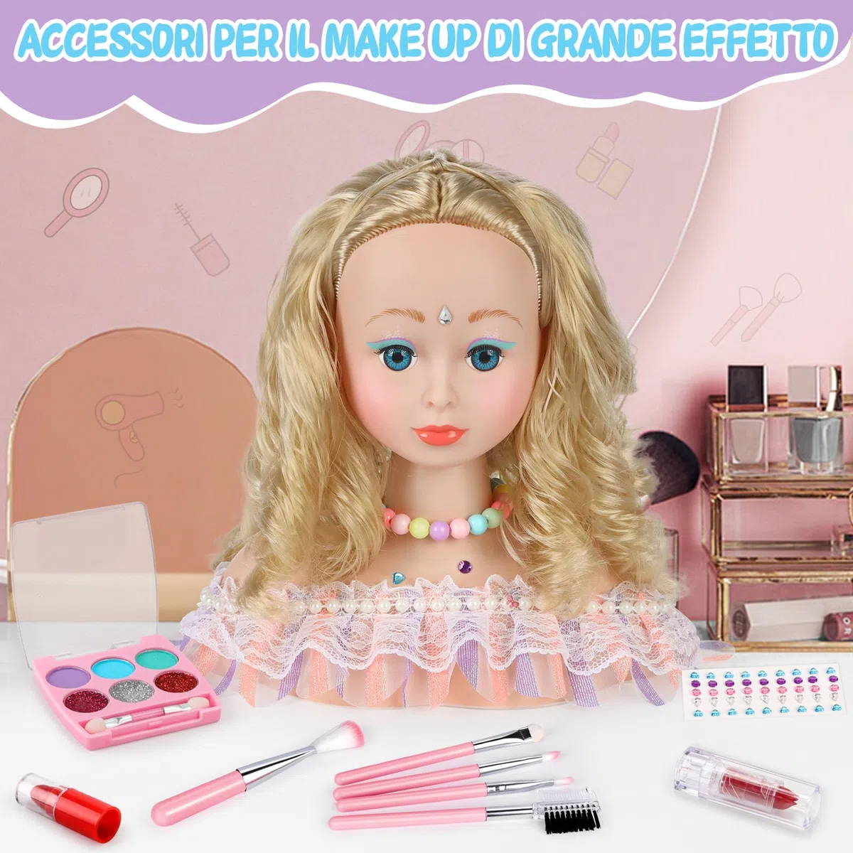 BuzzoXerex Testa Bambola da Truccare e Pettinare, 58 Pezzi Testa da Pettinare Bambina, Bambola da Truccare Regalo di Compleanno, Natale per Bambini a Partire Dai 3 Anni (Rosa)