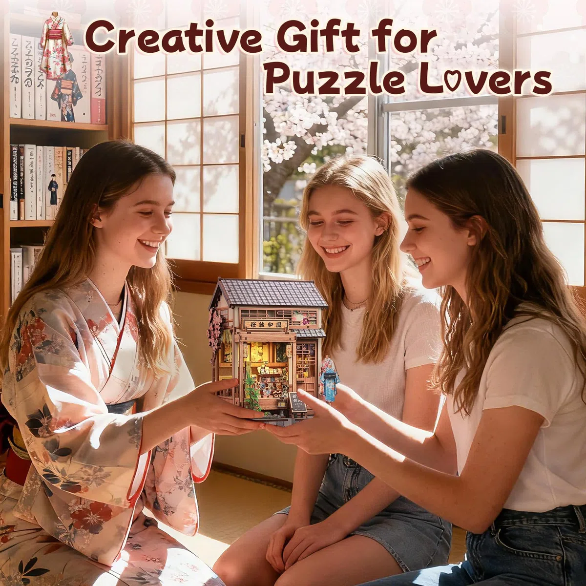 Fsolis Kit Book Nook, casa delle bambole giapponese in miniatura, kit artigianale in legno 3D per adulti, decorazione per libreria, regalo (Sakura O kimono Shop)