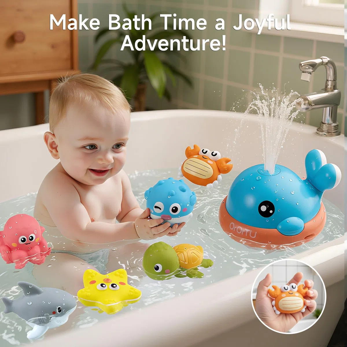 OR OR TU Giocattoli Bagnetto per Bambini Balena Spruzzatrice, Giocattoli da Bagno Luminosi con 6 pezzi Animali Galleggianti Senza fori, Giocattoli da Vasca da Bagno Età 18 mesi Giocattoli