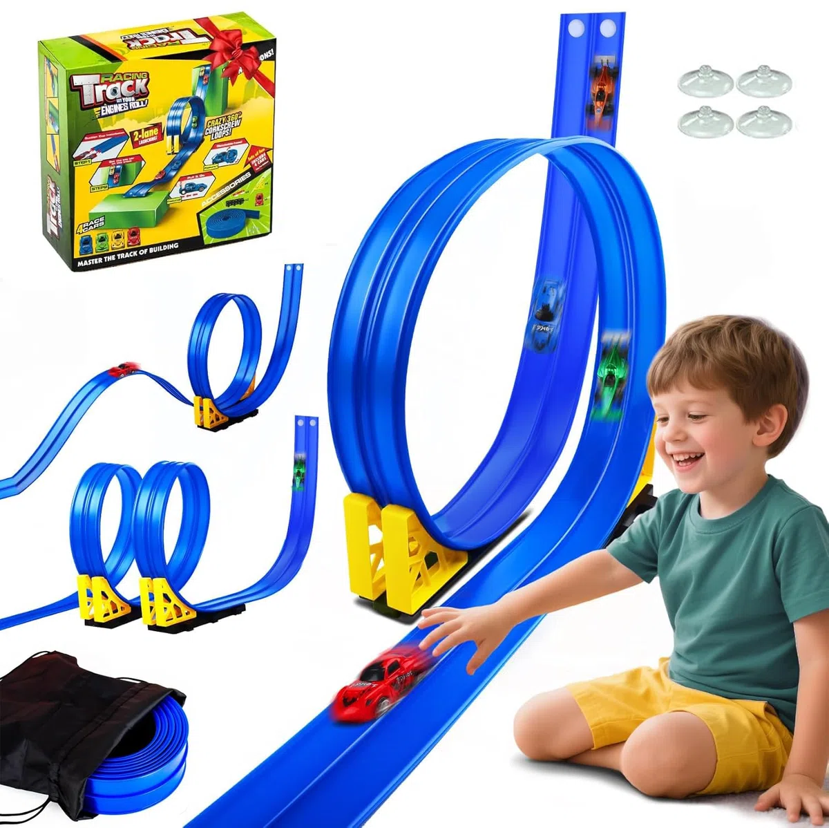 Pista per auto da corsa 5M Include 4 auto, Pista da corsa per auto con loop e pista a U, rotola su rampe a doppia pista da corsa, autostrada fai-da-te, giocattolo portatile pista per auto da