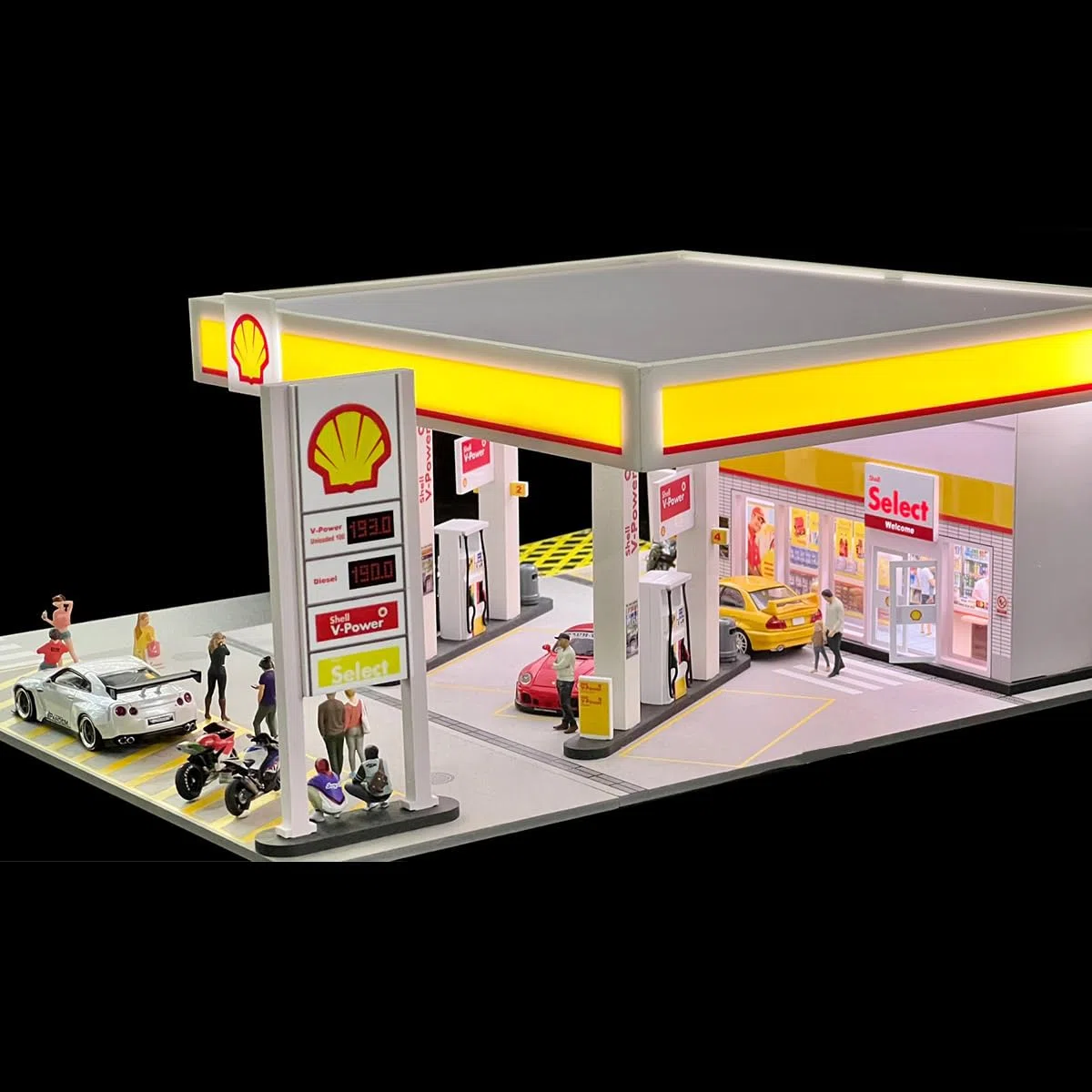 1:64 Shell Petrol Station Model Scene, edificio in miniatura con illuminazione e accessori, set di diorama realistico per auto e collezionisti di display