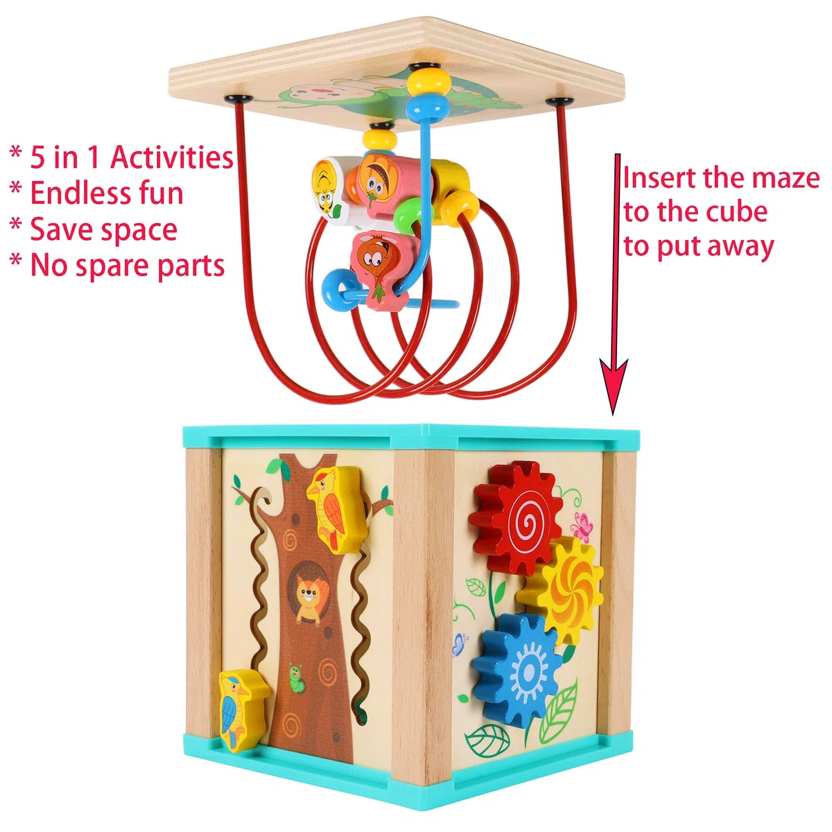 TOWO - Cubo di attività in Legno con Perline Labirinto, 5 attività, Montagne Russe, Ingranaggi, Ingranaggi, Orologio a Zig Zag, Giocattoli educativi per Bambini, Giocattoli educativi in Legno per