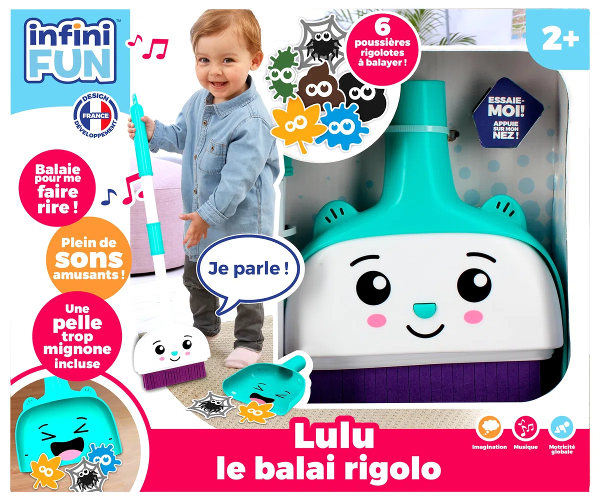 Infini Fun - Lulu Le Scopa Rigolo - La Prima Scopa Che Parla Quando spazza! - Set Completo di Scope, Pala e polveri Divertenti - Giocattoli d'imitazione per Bambini dai 2 Anni