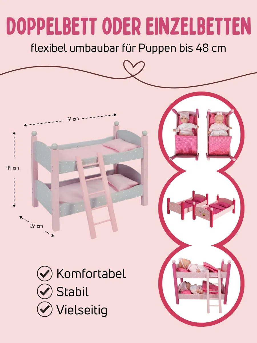Bayer Chic 2000 513 91 Letto a Castello per Bambole, 3 Anni a 8 Anni, Grigio, Puntos Grey, Piccolo