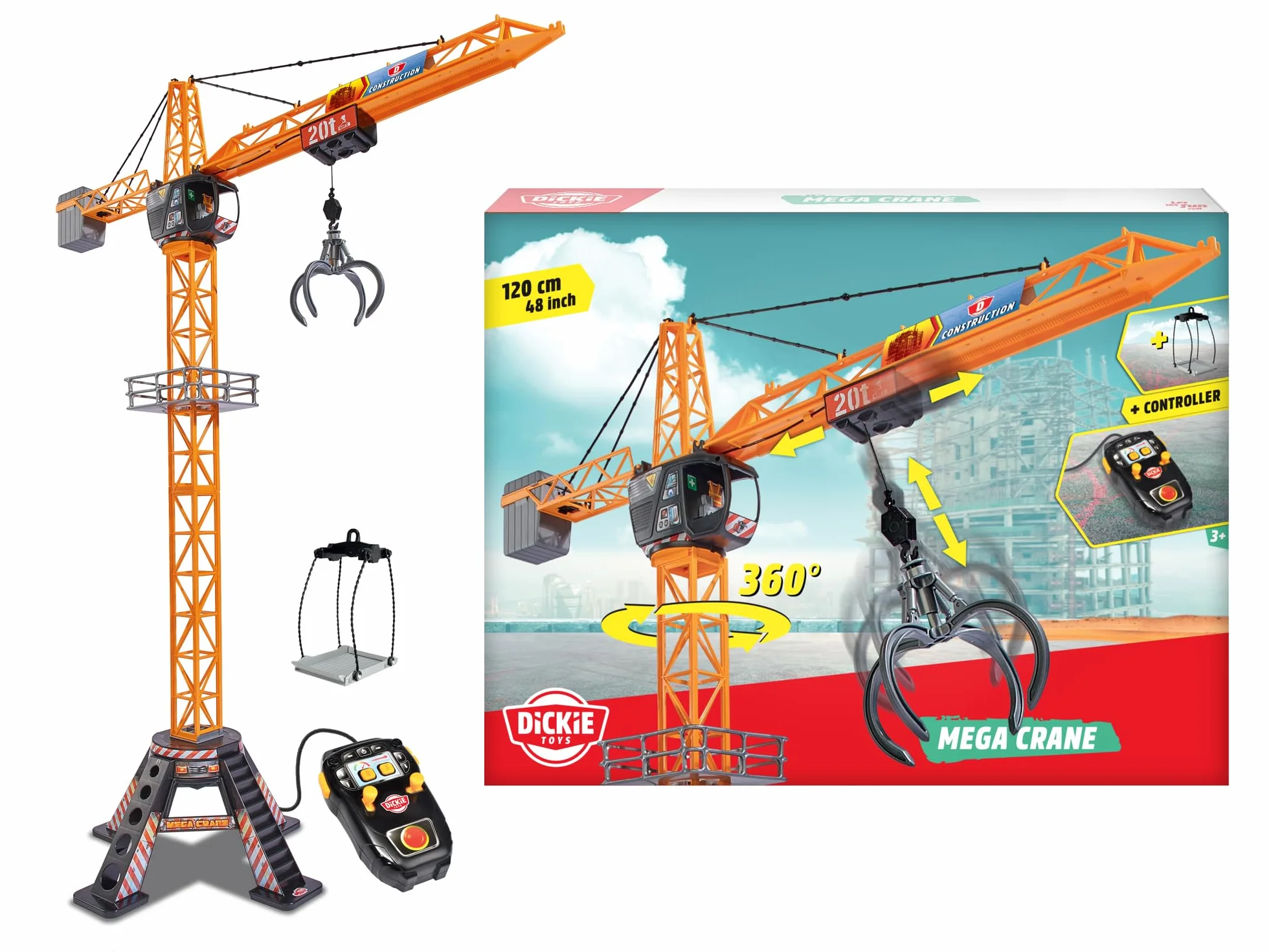 Dickie Toys - Mega Crane (120 cm) – Gru extra grande per bambini dai 3 ai 5 anni, con telecomando, verricello, braccio di presa, girevole a 350°, gru telecomandata
