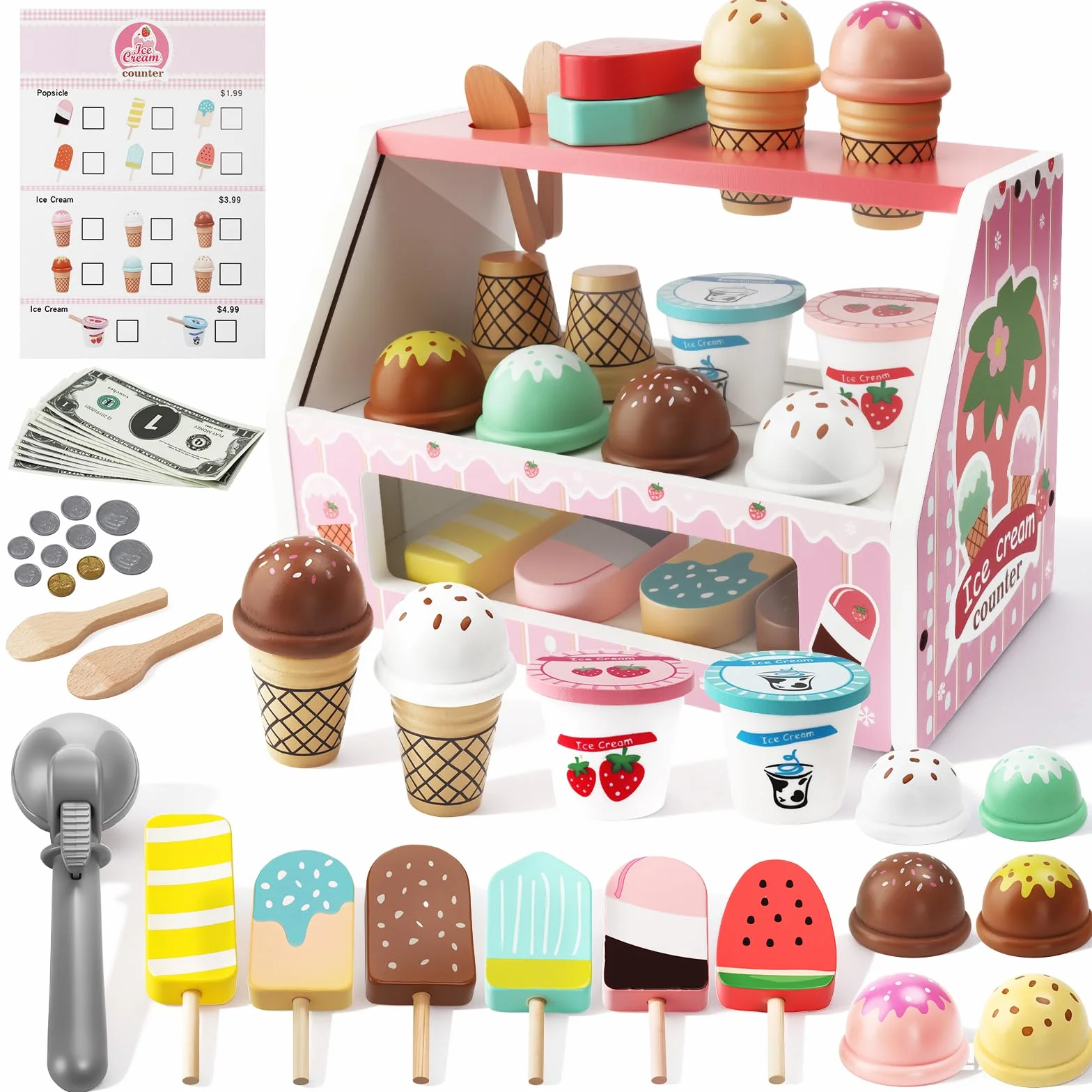 Gelateria Giocattolo per Bambini,Giocattolo per Gelato in Legno,Montessori Gioco di Ruolo Educativo Regalo per Bambinis,Gelateria Giocattoli in Legno per Bambini da 3 4 5 6 Anni Ragazzi Ragazze