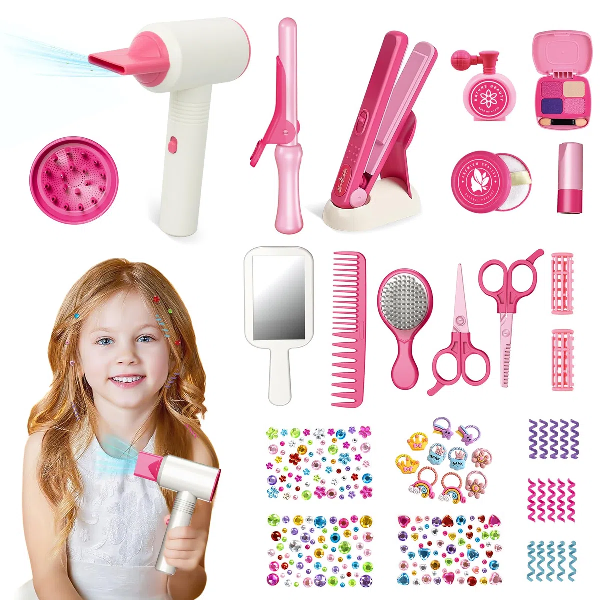 RedCrab Set Parrucchiera per Bambina con Asciugacapelli, Arricciacapelli, Piastra per Capelli, Pettine, Specchio e Accessori per Capelli, Giochi di Ruolo Regali per Bambini 3 4 5 6 7 8 Anni