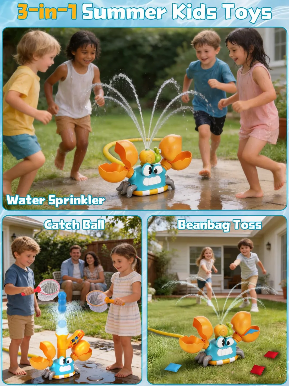 3-in-1 Giochi da Giardino da Esterno, Irrigatore per Bambini Forma di Granchio con Prendi la Palla e Lancia, Regalo Creativi per Bambino, Il Giocattoli Estivo Perfetto per Bambini 3 4 5 6 7 8 9 Anni