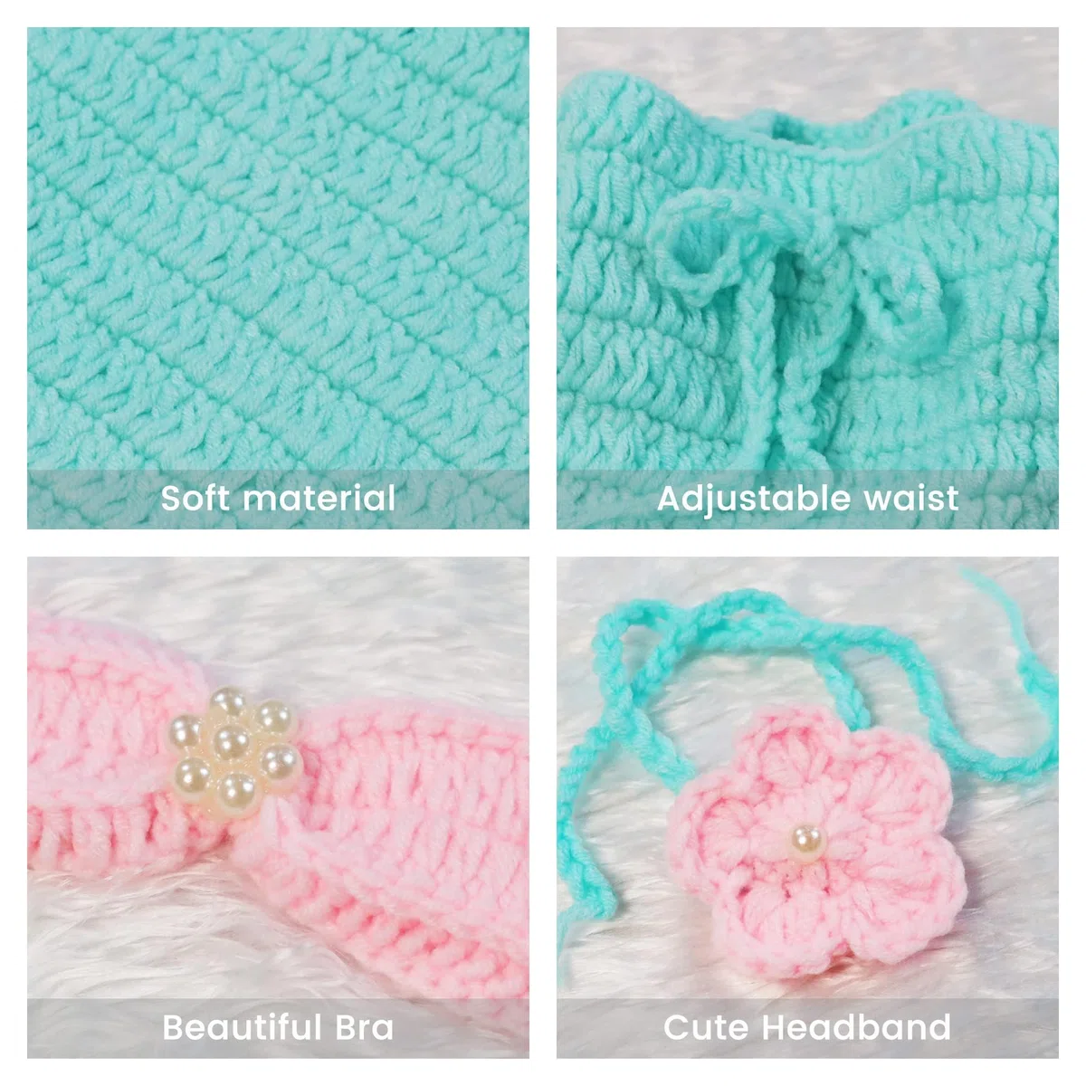 3 PCS Requisiti Fotografici per Neonati, Outfit da Sirena per Foto di Neonati, Set di Costumi da Sirena Fatto a Mano a Crochet, Include Corona, Reggiseno, Coda, Costume da Sirena per Bambini