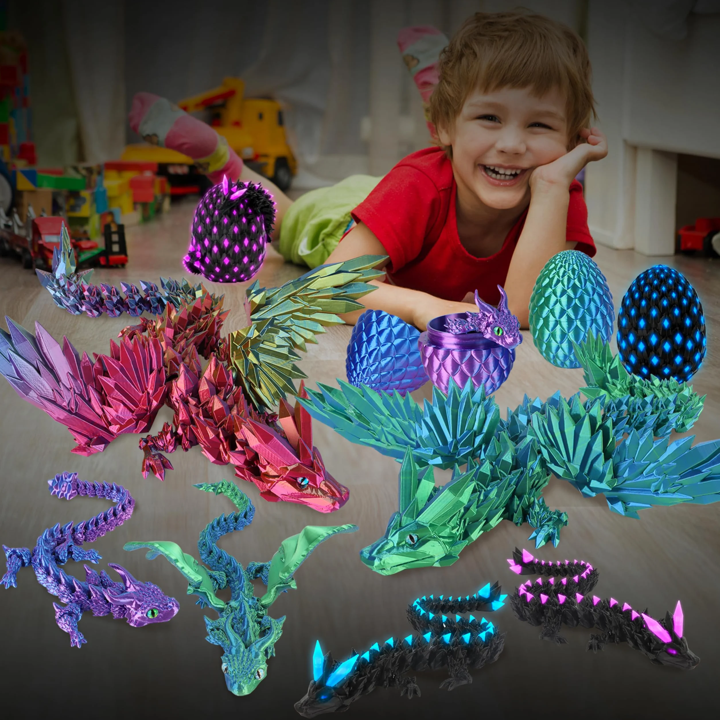 JONRRYIN Uovo Di Drago Stampato in 3D, Drago in Uovo Fluorescente, Giocattolo di Drago, Realistico Drago Giocattolo, Drago Articolato e Giunti Flessibili, Giocattoli da Scrivania