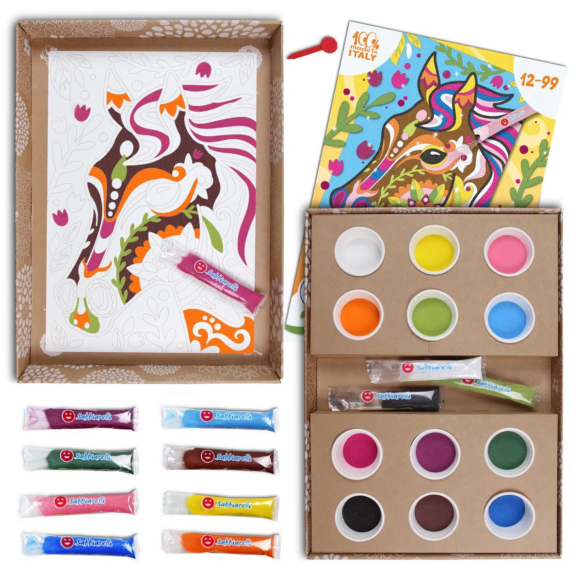 Sabbiarelli Sand-it For Fun – Maxi Set Mandala Cavallo 12-99 | Kit di Sand Art 100% Made in Italy con Sabbia Colorata, 1 Poster Adesivo e Accessori | Hobby Creativo Facile, Relax per Ragazzi e Adulti