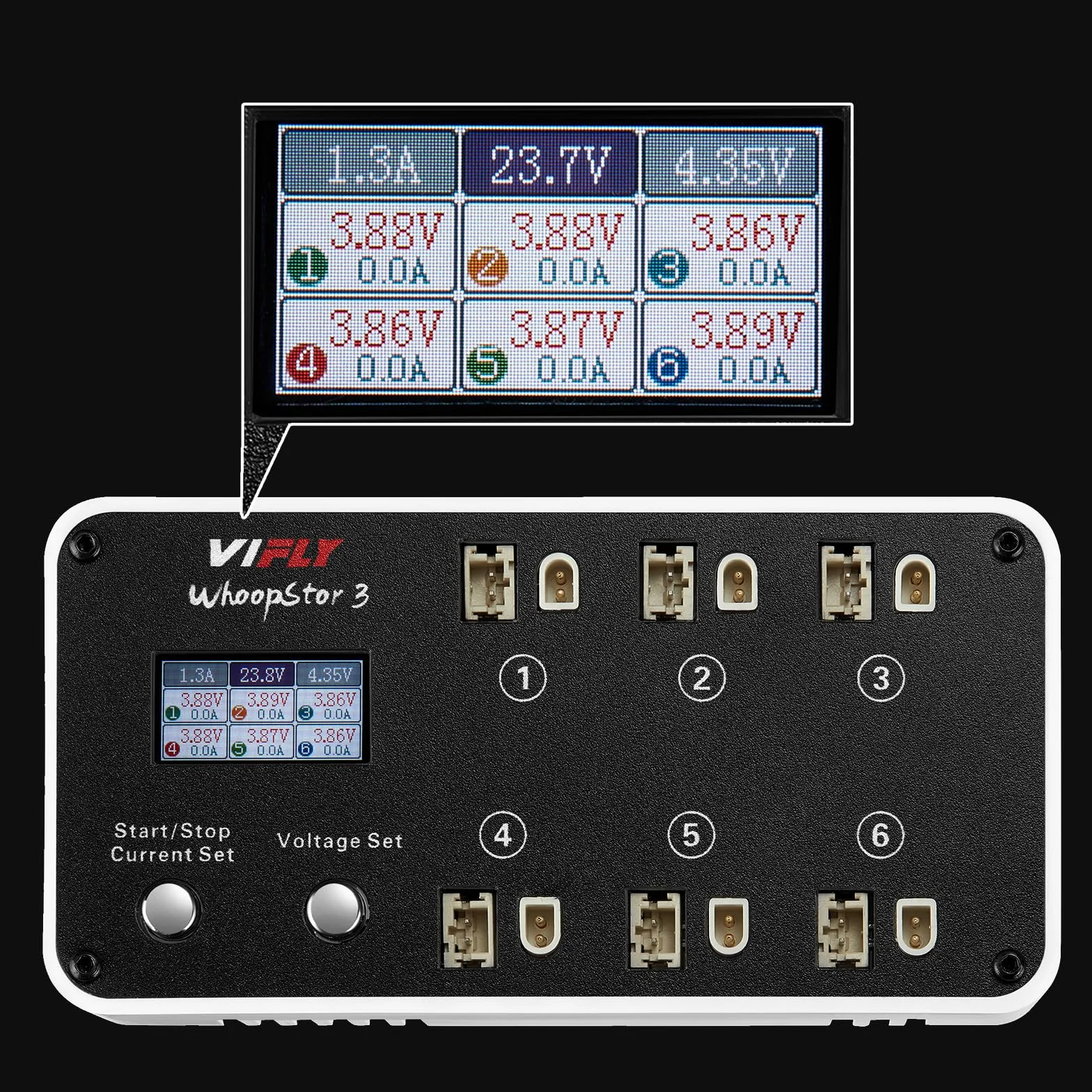 VIFLY WhoopStor V3 Caricabatterie LIPO 1S con funzione di scarica e mantenimento della carica di stoccaggio con display LCD. Caricabatterie per Tiny Whoop con connettore PH2.0 a BT2.0