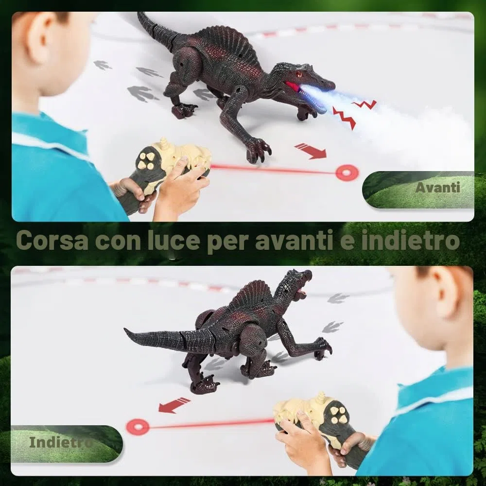 FRUSE Dinosauro Telecomandato Realistici Giocattolo per Bambini, con Tracciamento Luce,Spray,Luce LED,Roaring, per Ragazzi Bambini 3 4 5 6 7 8 (Rosso)
