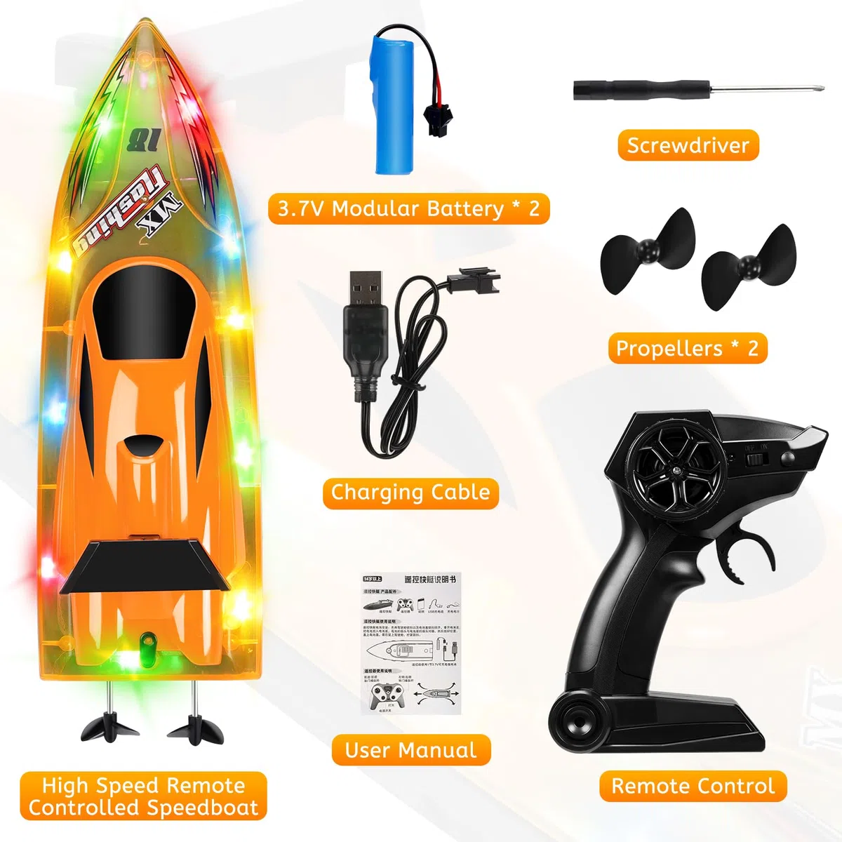 Barca telecomandata, 2,4 GHz, impermeabile, ad alta velocità, con 2 batterie ricaricabili e luce LED, per bambini, adulti, bambini, attività all'aperto (giallo)